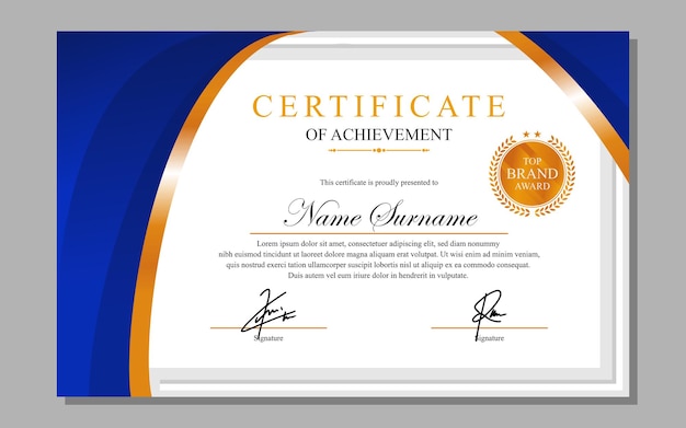 Elegante plantilla de certificado azul y oro