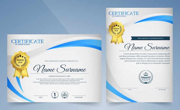 Elegante plantilla de certificado de diploma azul y dorado