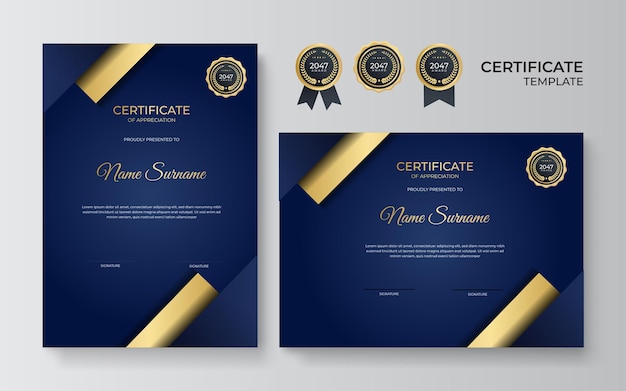 Elegante plantilla de certificado de diploma azul y dorado