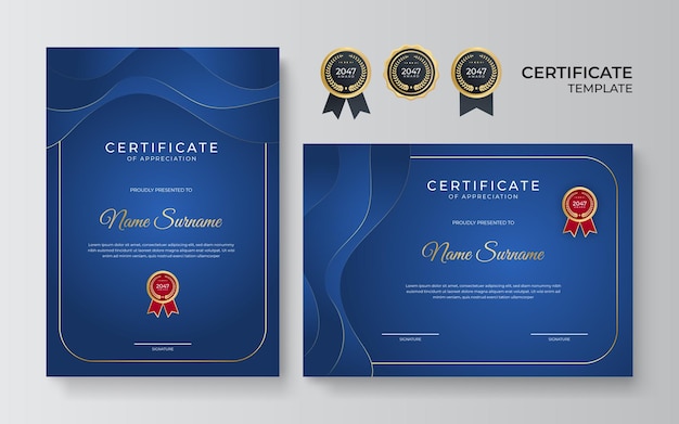 Elegante plantilla de certificado de diploma azul y dorado