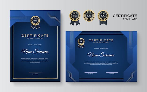 Elegante plantilla de certificado de diploma azul y dorado