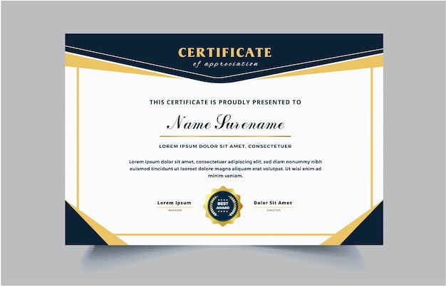 Elegante plantilla de certificado de diploma azul y dorado