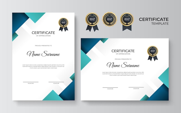 Elegante plantilla de certificado de diploma azul verde y dorado