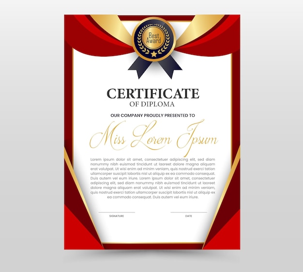 Elegante plantilla de certificado de diploma rojo y dorado
