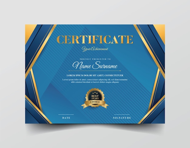 Elegante plantilla de certificado de logro con acentos dorados y fondo azul
