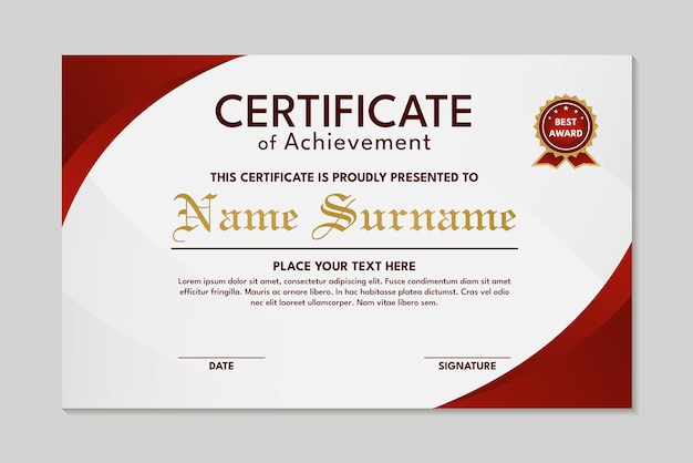 Elegante plantilla de certificado de logro roja de diseño curvo