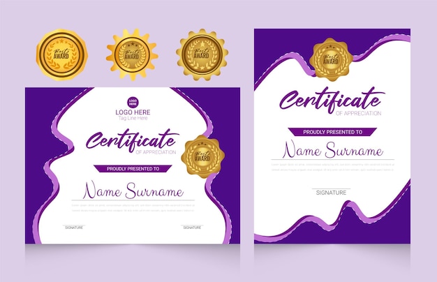 Elegante plantilla de certificado con el mejor diseño de conjunto de insignias de premios