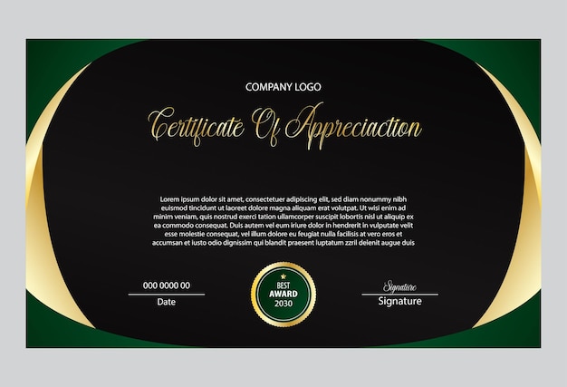 Elegante plantilla de certificado de oro verde con insignia de oro