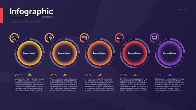 Elegante plantilla de infografía vectorial colorida con elementos gráficos circulares sobre un fondo azul profundo