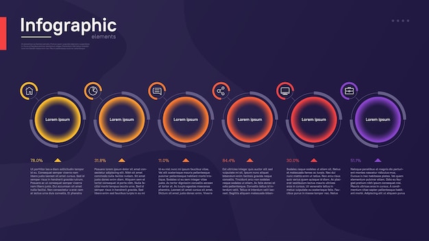 Elegante plantilla de infografía vectorial colorida con elementos gráficos circulares sobre un fondo azul profundo