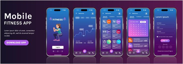 Una elegante plantilla de interfaz de aplicación de fitness con elementos de diseño receptivos, incluidos cuadros de instrumentos y estadísticas Perfecto para rastrear el progreso semanal de la salud y las actividades deportivas