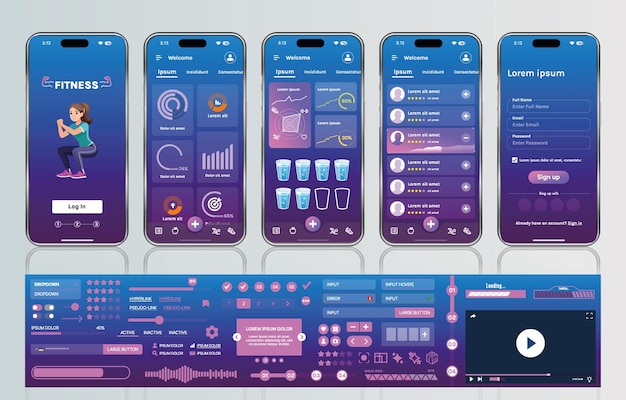 Una elegante plantilla de interfaz de aplicación de fitness con elementos de diseño receptivos, incluidos cuadros de instrumentos y estadísticas Perfecto para rastrear el progreso semanal de la salud y las actividades deportivas