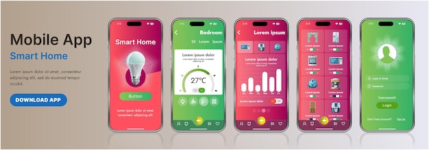 Una elegante plantilla de interfaz de aplicación de hogar inteligente con íconos modernos y un diseño de gradiente Incluye menús de navegación para administrar dispositivos de monitoreo de seguridad que controlan la temperatura