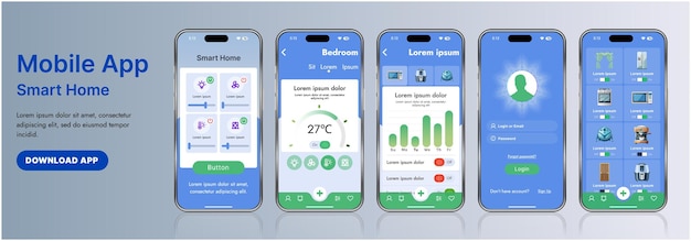 Una elegante plantilla de interfaz de aplicación de hogar inteligente con íconos modernos y un diseño de gradiente Incluye menús de navegación para administrar dispositivos de monitoreo de seguridad que controlan la temperatura