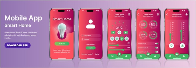 Una elegante plantilla de interfaz de aplicación de hogar inteligente con íconos modernos y un diseño de gradiente Incluye menús de navegación para administrar dispositivos de monitoreo de seguridad que controlan la temperatura