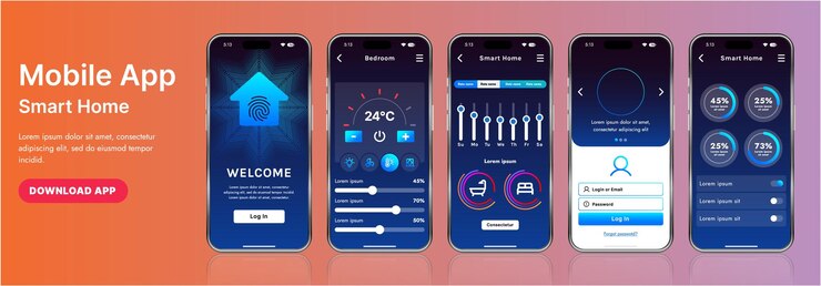Vector una elegante plantilla de interfaz de aplicación de hogar inteligente con íconos modernos y un diseño de gradiente incluye menús de navegación para administrar dispositivos de monitoreo de seguridad que controlan la temperatura