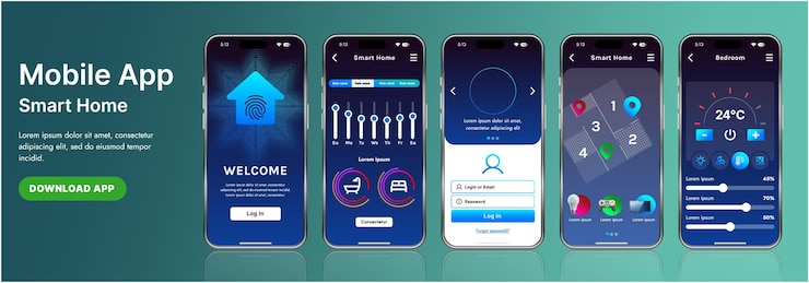 Vector una elegante plantilla de interfaz de aplicación de hogar inteligente con íconos modernos y un diseño de gradiente incluye menús de navegación para administrar dispositivos de monitoreo de seguridad que controlan la temperatura