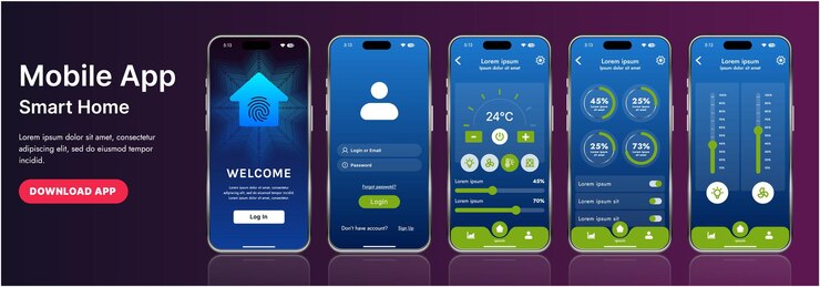 Vector una elegante plantilla de interfaz de aplicación de hogar inteligente con íconos modernos y un diseño de gradiente incluye menús de navegación para administrar dispositivos de monitoreo de seguridad que controlan la temperatura