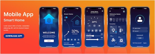 Una elegante plantilla de interfaz de aplicación de hogar inteligente con íconos modernos y un diseño de gradiente Incluye menús de navegación para administrar dispositivos de monitoreo de seguridad que controlan la temperatura