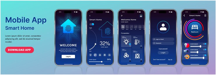 Vector una elegante plantilla de interfaz de aplicación de hogar inteligente con íconos modernos y un diseño de gradiente incluye menús de navegación para administrar dispositivos de monitoreo de seguridad que controlan la temperatura