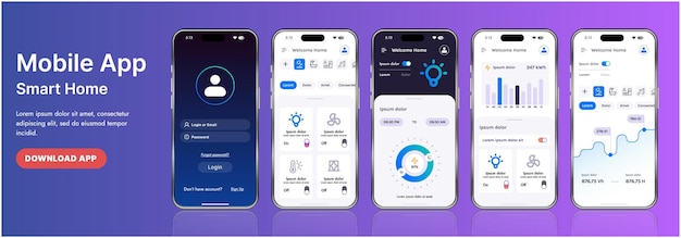 Una elegante plantilla de interfaz de aplicación de hogar inteligente con íconos modernos y un diseño de gradiente Incluye menús de navegación para administrar dispositivos de monitoreo de seguridad que controlan la temperatura