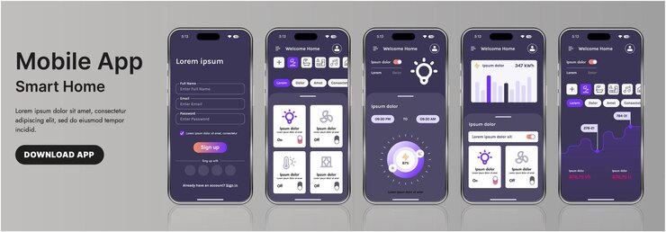 Vector una elegante plantilla de interfaz de aplicación de hogar inteligente con íconos modernos y un diseño de gradiente incluye menús de navegación para administrar dispositivos de monitoreo de seguridad que controlan la temperatura
