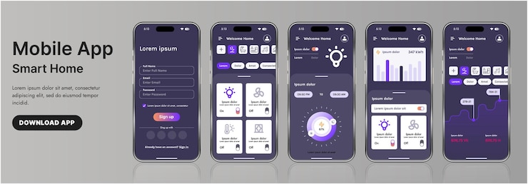 Vector una elegante plantilla de interfaz de aplicación de hogar inteligente con íconos modernos y un diseño de gradiente incluye menús de navegación para administrar dispositivos de monitoreo de seguridad que controlan la temperatura
