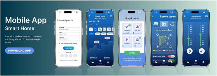 Vector una elegante plantilla de interfaz de aplicación de hogar inteligente con íconos modernos y un diseño de gradiente incluye menús de navegación para administrar dispositivos de monitoreo de seguridad que controlan la temperatura