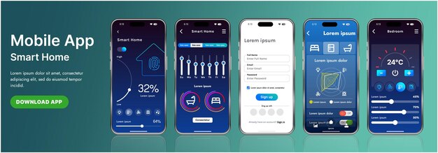 Una elegante plantilla de interfaz de aplicación de hogar inteligente con íconos modernos y un diseño de gradiente Incluye menús de navegación para administrar dispositivos de monitoreo de seguridad que controlan la temperatura