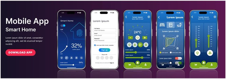 Vector una elegante plantilla de interfaz de aplicación de hogar inteligente con íconos modernos y un diseño de gradiente incluye menús de navegación para administrar dispositivos de monitoreo de seguridad que controlan la temperatura