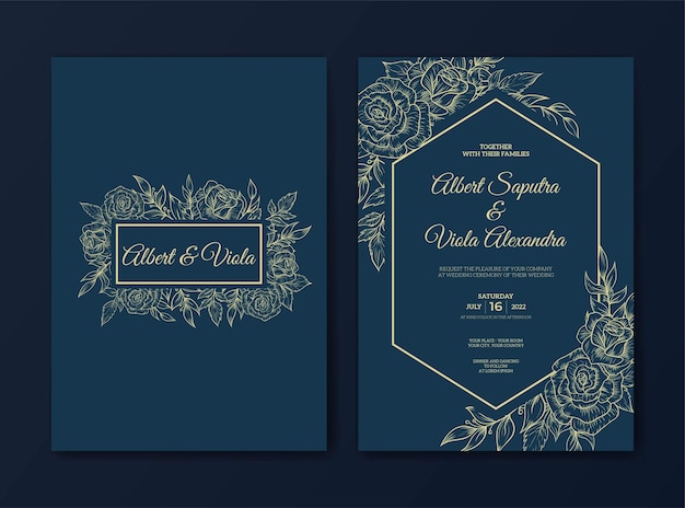 Elegante plantilla de invitación de boda con decoración de flores de contorno