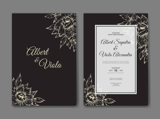 Elegante plantilla de invitación de boda con decoración de flores de contorno