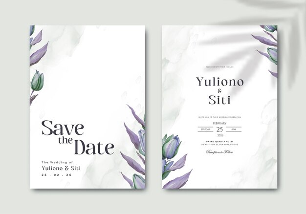 elegante plantilla de invitación de boda con flor de tulipán azul