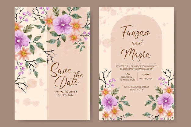 una elegante plantilla de invitación de boda con una flor vintage dibujada a mano