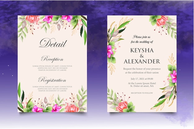 Elegante plantilla de invitación de boda floral en acuarela