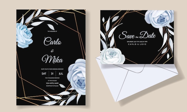 Elegante plantilla de invitación de boda floral azul