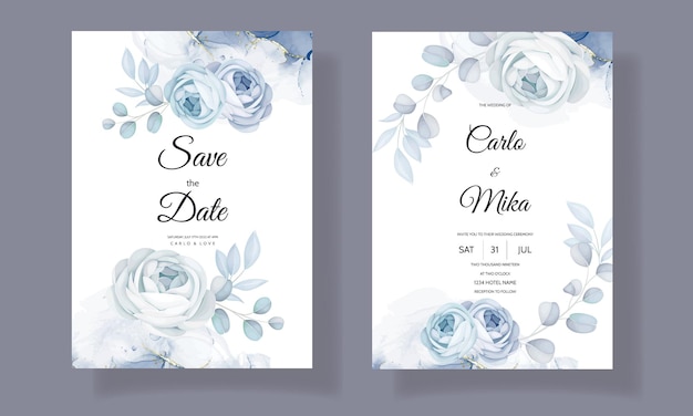 Vector elegante plantilla de invitación de boda floral azul