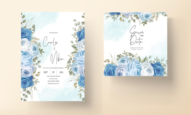 Vector elegante plantilla de invitación de boda floral azul