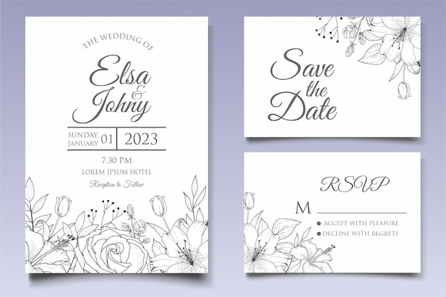 Elegante plantilla de invitación de boda floral dibujada a mano