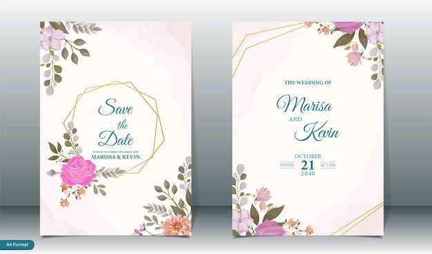 Elegante plantilla de invitación de boda floral con fondo de acuarela