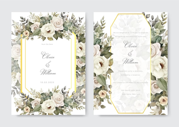 Vector elegante plantilla de invitación de boda con flores y hojas de acuarela