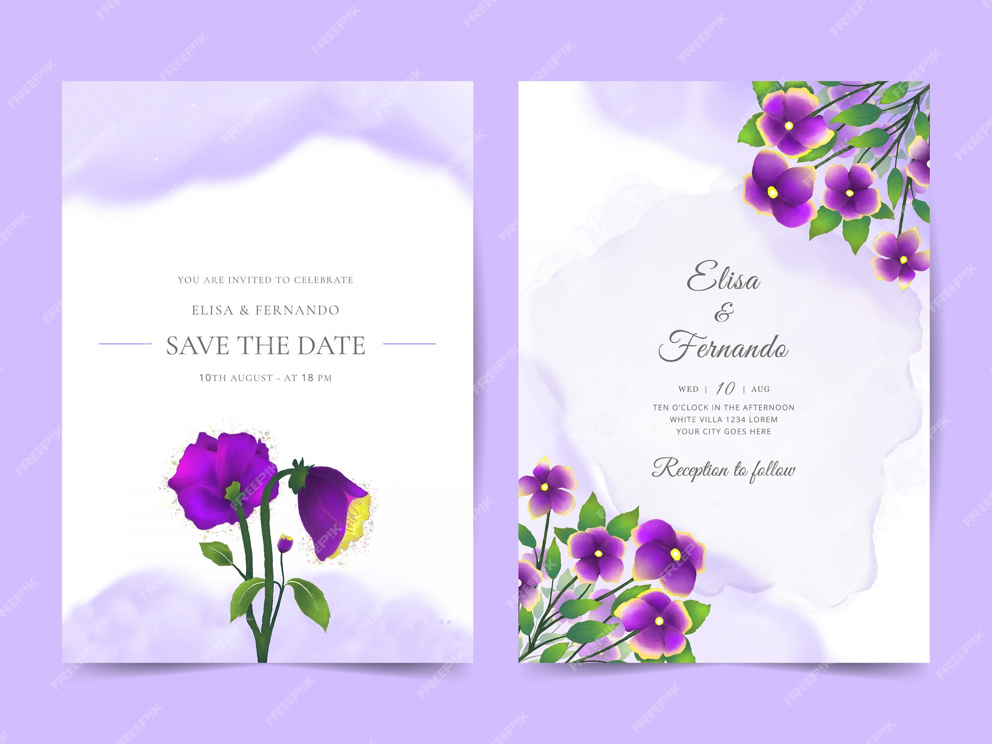 Elegante plantilla de invitación de boda con flores moradas minimalistas |  Vector Premium