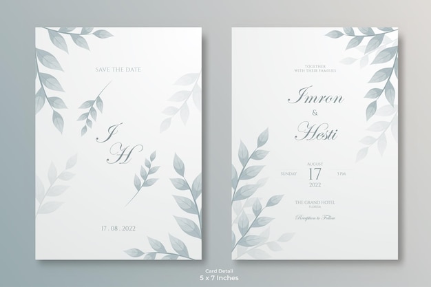 Elegante plantilla de invitación de boda con hermosas hojas verdes suaves vector premium