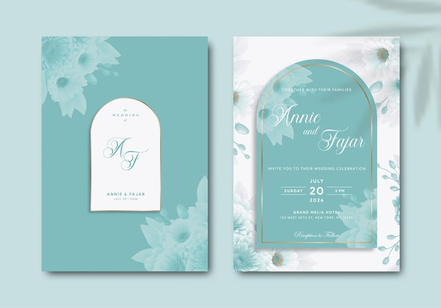 Elegante plantilla de invitación de boda con ilustración acuarela vector premium