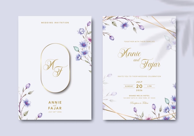 elegante plantilla de invitación de boda con ilustración acuarela vector premium