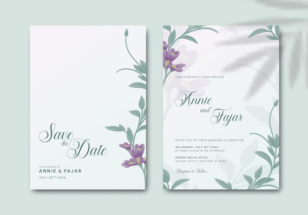 elegante plantilla de invitación de boda con ilustración acuarela vector premium