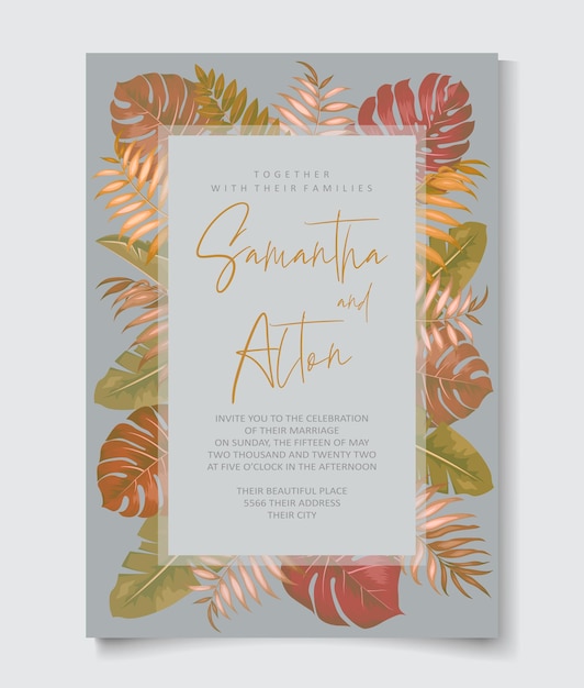 Vector elegante plantilla de invitación de boda tropical