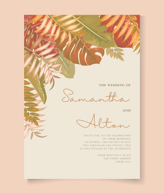 Vector elegante plantilla de invitación de boda tropical