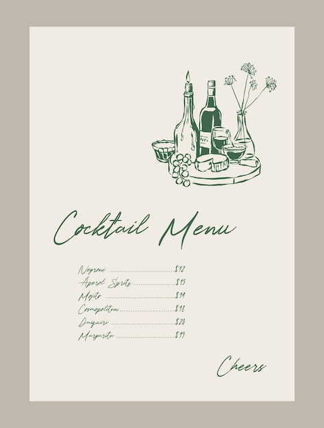 Elegante plantilla de menú de cócteles con dibujos de bebidas