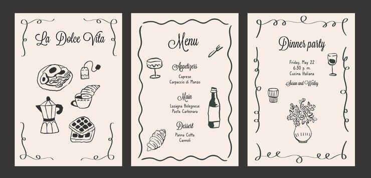 Vector elegante plantilla de menú vectorial dibujada a mano comida y comida dibujada con tinta en estilo vintage invitación a una fiesta dibujado a mano